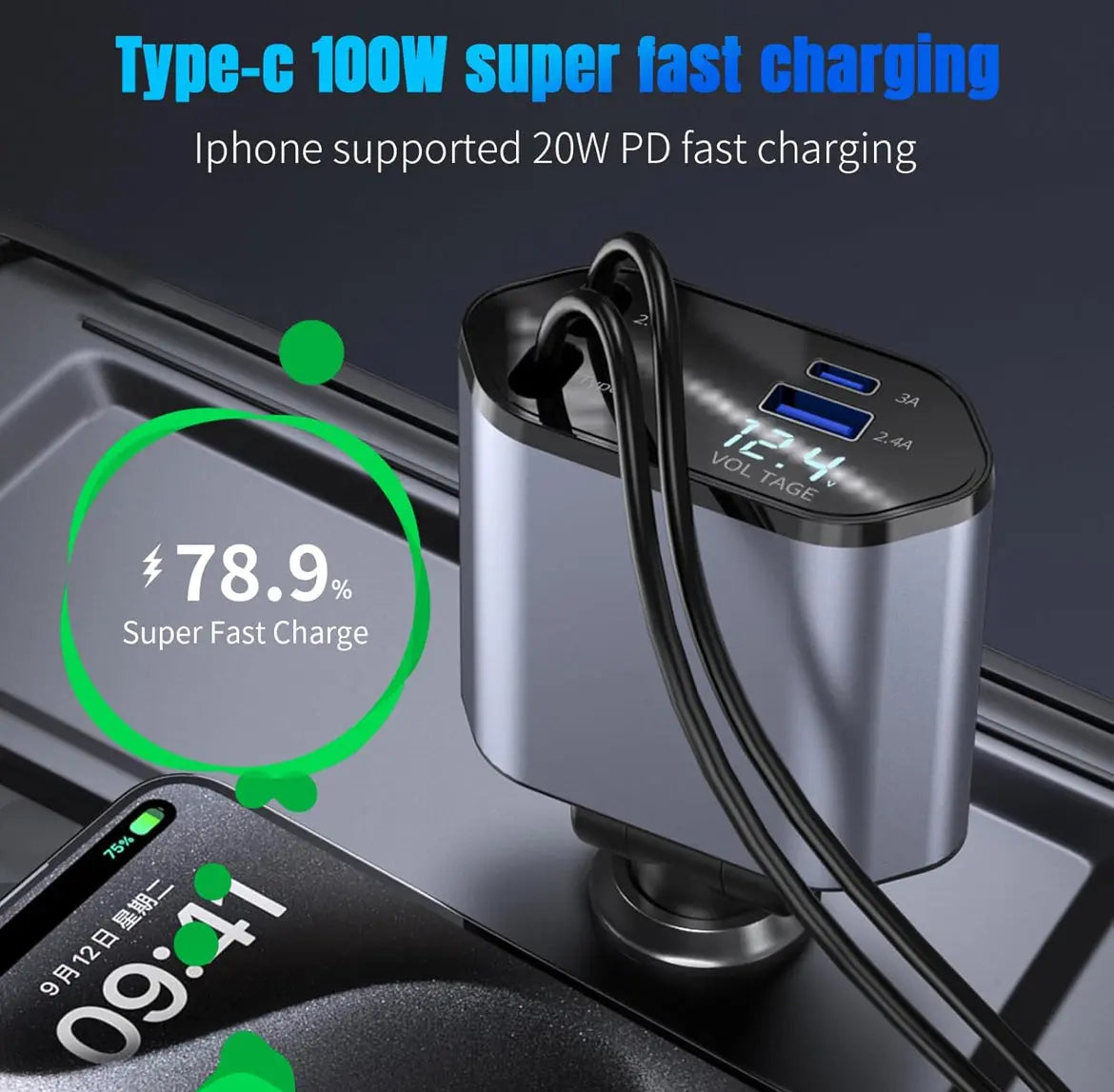 Chargeur rétractable de téléphone de voiture 4 en 1, 120W